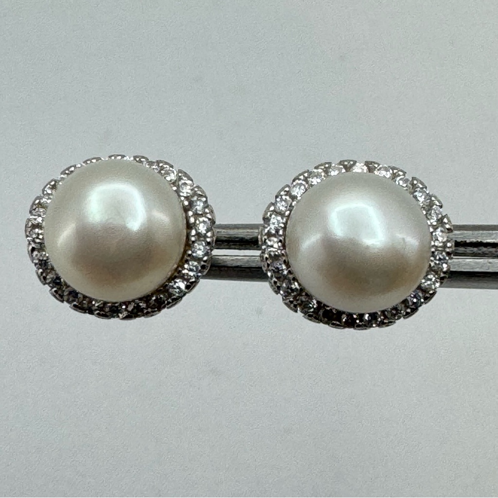 New Sterling Silver Freshwater Pearl Cz Halo Stud Earrings Classic Elegant